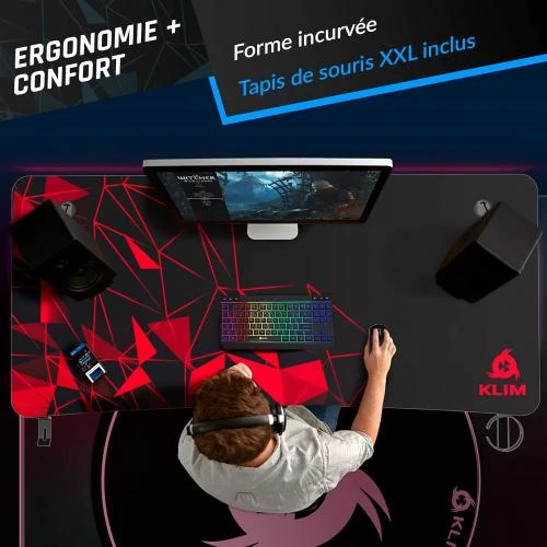 Zoom sur Bureau Gaming KLIM K152, Métal, Bois, Gestion Câbles
