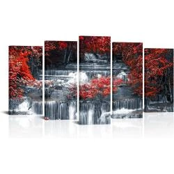Tableau Toile 5 Pièces Arbres Rouge, Noir, Blanc, Moderne