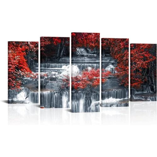 Tableau Toile 5 Pièces Arbres Rouge, Noir, Blanc, Moderne - Vue principale