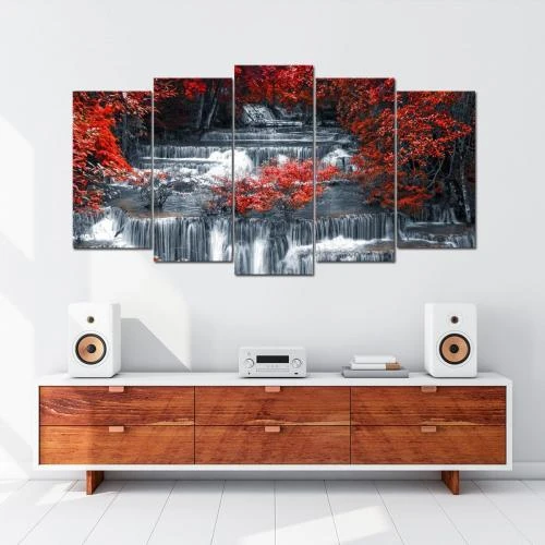 Zoom sur Tableau Toile 5 Pièces Arbres Rouge, Noir, Blanc, Moderne