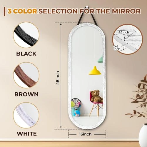 Détail de Miroir mural ovale bois massif, sangle suspension, blanc
