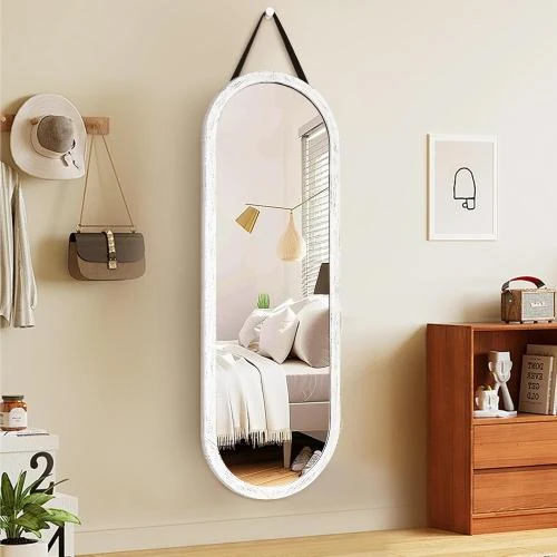 Miroir mural ovale bois massif, sangle suspension, blanc - Vue principale