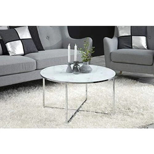 Détail de Table Basse Ronde Aspect Marbre Blanc Chrome, Verre Métal Design Moderne