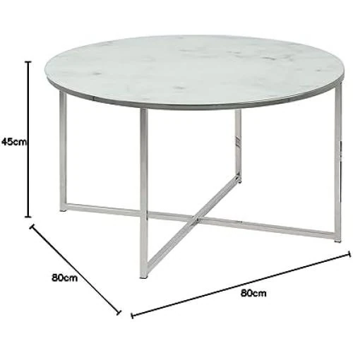 Zoom sur Table Basse Ronde Aspect Marbre Blanc Chrome, Verre Métal Design Moderne