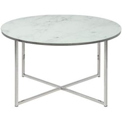 Présentation Table Basse Ronde Aspect Marbre Blanc Chrome, Verre Métal Design Moderne