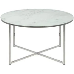 Table Basse Ronde Aspect Marbre Blanc Chrome, Verre Métal Design Moderne