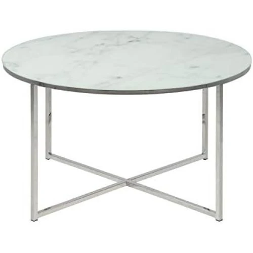 Table Basse Ronde Aspect Marbre Blanc Chrome, Verre Métal Design Moderne - Vue principale