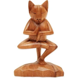 Sculpture en Bois Vrkasana Yoga Kitty Marron NOVICA
