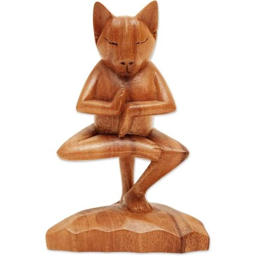 Sculpture en Bois Vrkasana Yoga Kitty Marron NOVICA - Vue principale