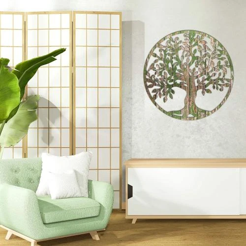 Zoom sur Décoration murale arbre de vie, métal, bois, cadeau maison
