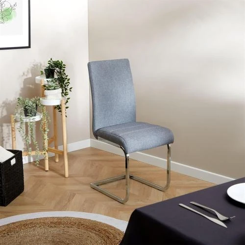 Détail de Chaises Salle à Manger Leticia, Métal Chrome, Tissu Gris