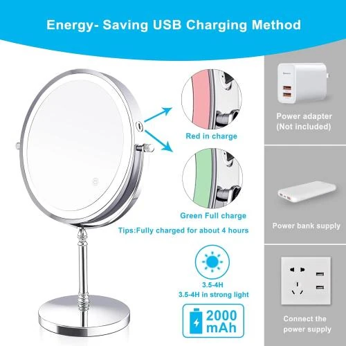 Détail de Miroir Maquillage Lumineux Amelar, 3 Couleurs, USB, 360°