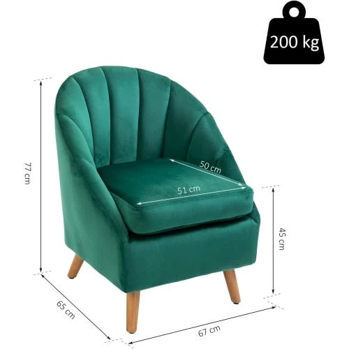 Zoom sur Fauteuil Velours Vert HOMCOM, Rembourrage Épais, Structure Solide