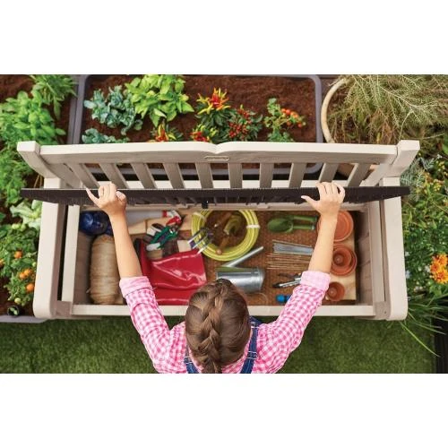 Détail de Banc de jardin Keter Eden, coffre extérieur résine marron