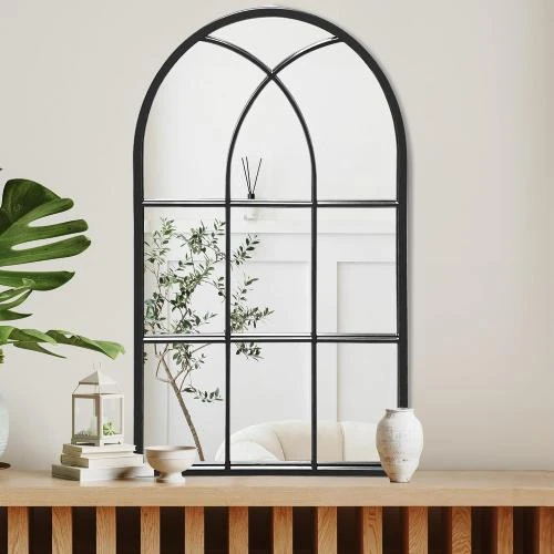 Zoom sur Miroir mural noir ZMYCZ, design arque, cadre métal