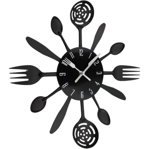 Zoom sur Horloge Murale Cuisine Timelike, Décoration Noir, Ustensiles