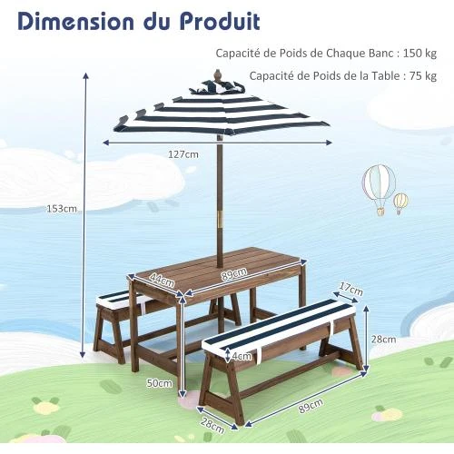 Zoom sur Costway Table Pique-Nique Enfants, Parasol Réglable, Bois