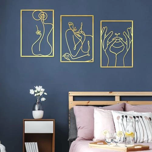 Zoom sur Décorations murales dorées, lot de 3, style moderne, abstrait