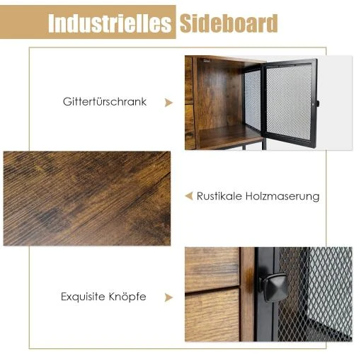Zoom sur Buffet industriel COSTWAY, armoires grillagées, tiroirs