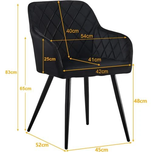 Zoom sur Chaise Rembourrée Velours Noir, Lot de 2, Accoudoirs