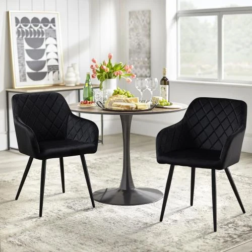Détail de Chaise Rembourrée Velours Noir, Lot de 2, Accoudoirs