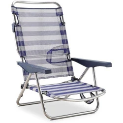 Chaise de Plage Pliable 4 Positions Bleu Blanc Accoudoirs