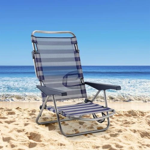 Détail de Chaise de Plage Pliable 4 Positions Bleu Blanc Accoudoirs