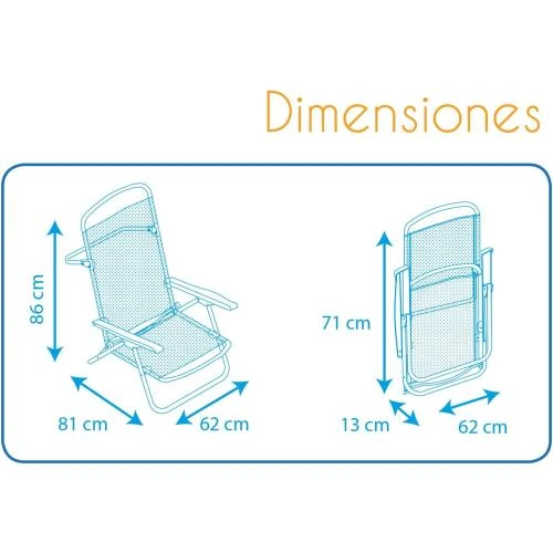 Zoom sur Chaise de Plage Pliable 4 Positions Bleu Blanc Accoudoirs