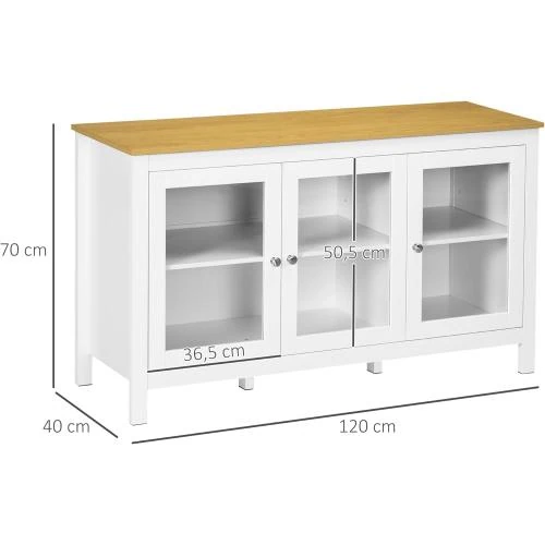 Zoom sur Buffet Rangement 3 Portes Vitrees, Etagères Réglables, Blanc