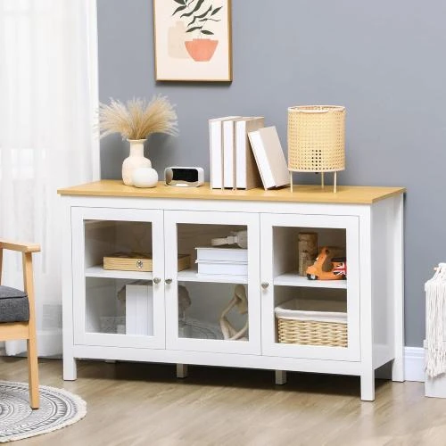 Détail de Buffet Rangement 3 Portes Vitrees, Etagères Réglables, Blanc
