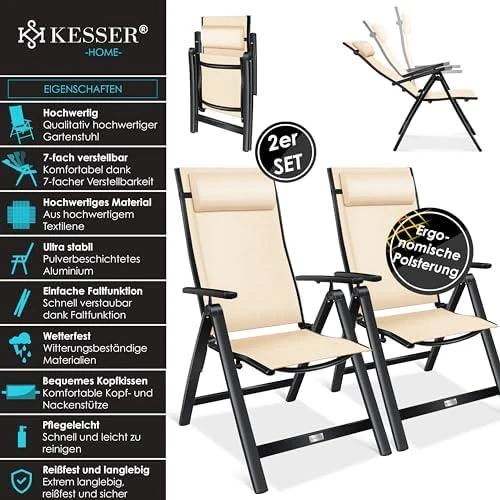 Zoom sur Chaise de Jardin Pliante KESSER - Aluminium Ajustable avec Oreiller