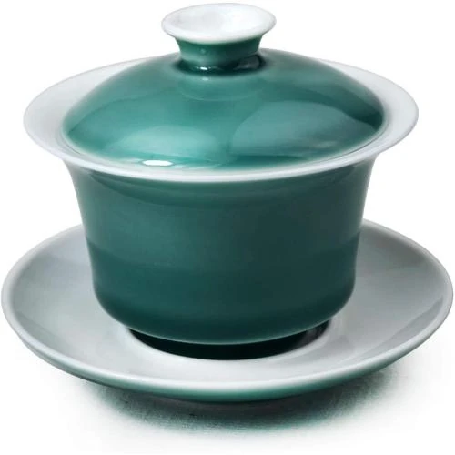 Zoom sur Tasse à Thé Porcelaine Émaillée Blanche Liang Baobao, Sancai Vert