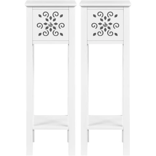 Yaheetech Tables de Chevet 2 Tiroirs, Motif Floral, Blanc - Vue principale