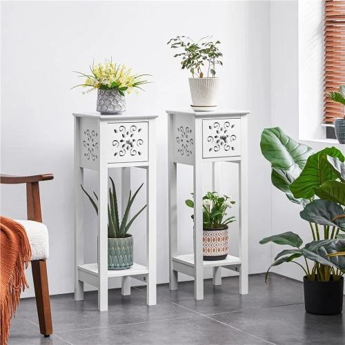 Zoom sur Yaheetech Tables de Chevet 2 Tiroirs, Motif Floral, Blanc