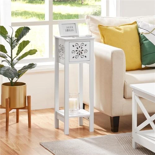 Détail de Yaheetech Tables de Chevet 2 Tiroirs, Motif Floral, Blanc