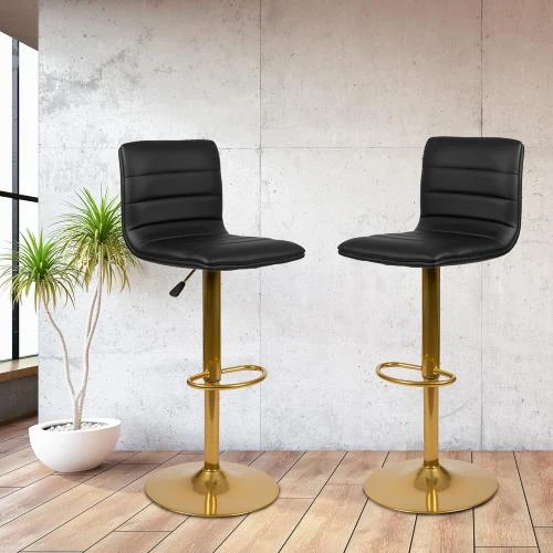 Détail de Tabourets de Bar Modernes, Vinyle Noir, Dossier, Base Dorée