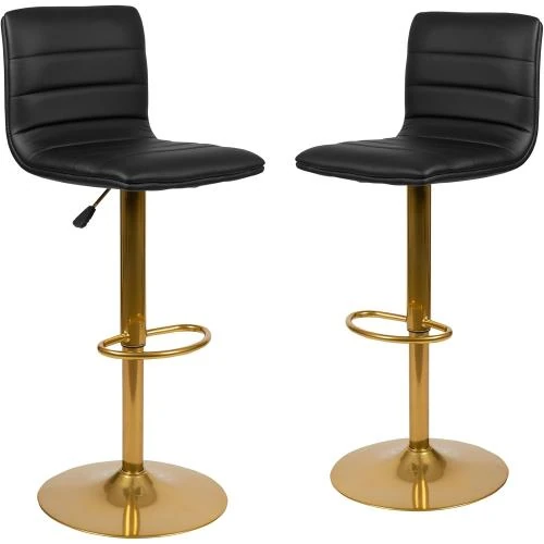 Tabourets de Bar Modernes, Vinyle Noir, Dossier, Base Dorée - Vue principale