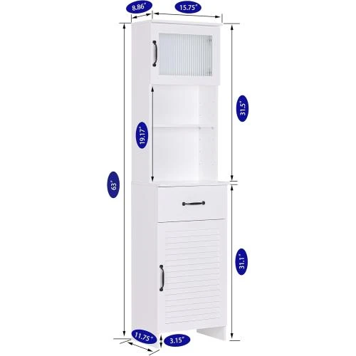 Détail de Armoire haute blanche, placard autonome, 2 portes, tiroir