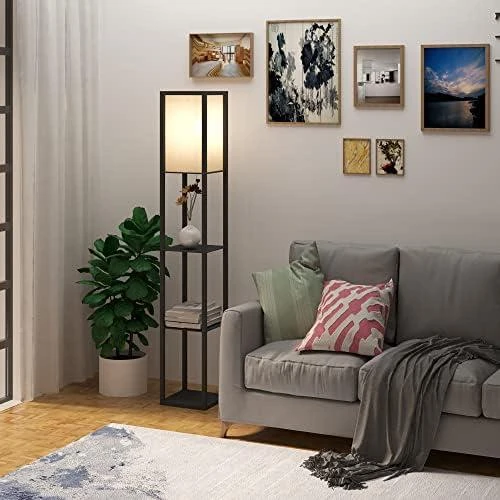 Détail de Lampadaire Étagère Moderne, Lampe Étagère 3 Niveaux, MDF Noir