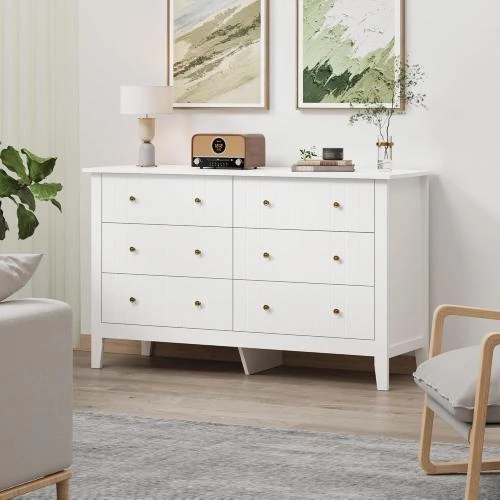Détail de Commode Blanche 6 Tiroirs Moderne Bois FOREHILL