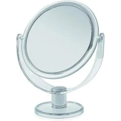 Miroir maquillage rond bleu, plastique, sur pied