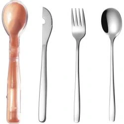 Couverts camping 3 pièces acier inoxydable, étui rose