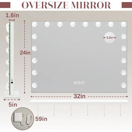 Zoom sur Miroir Hollywood lumineux, 18 ampoules LED, USB, grossissant
