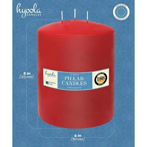 Détail de Bougies Piliers Rouges, Trois Mèches, Inodores, 188h