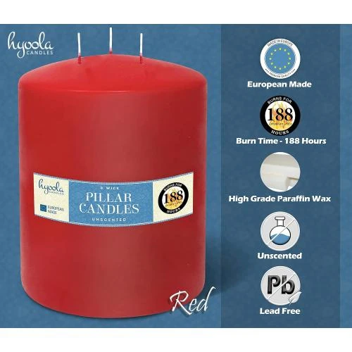 Zoom sur Bougies Piliers Rouges, Trois Mèches, Inodores, 188h