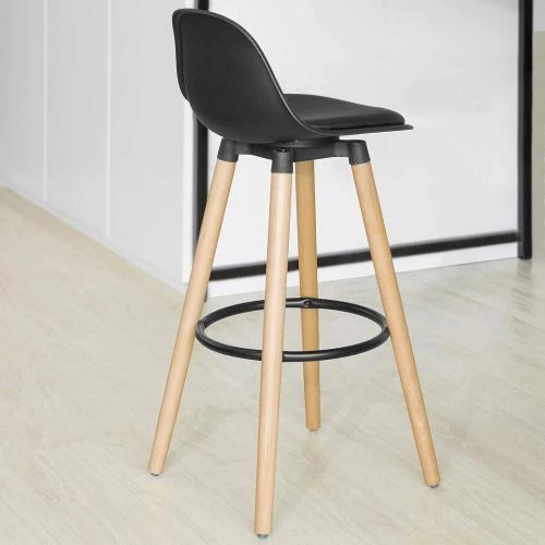 Zoom sur Tabouret de bar SoBuy, assise cuir synthétique, pieds bois