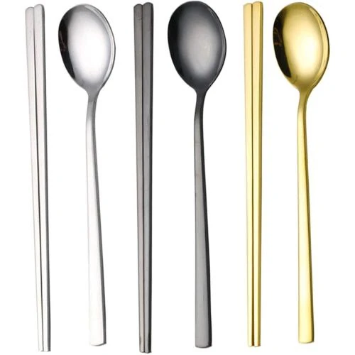 Baguettes, cuillères coréennes, réutilisables, acier inoxydable, argenté - Vue principale