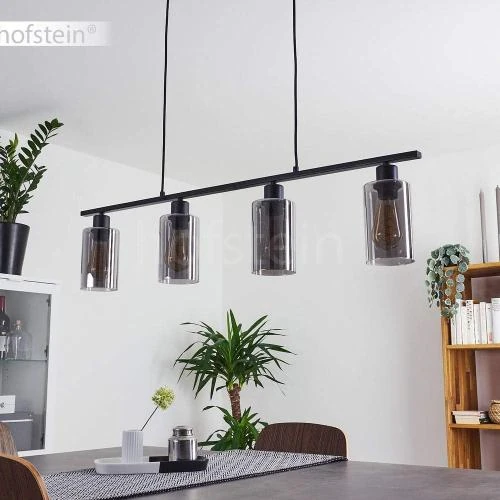 Zoom sur Suspension Hunouri métal noir, abat-jours verre fumé, moderne