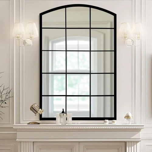 Miroir mural métal, fenêtre arquée, déco rustique - Vue principale