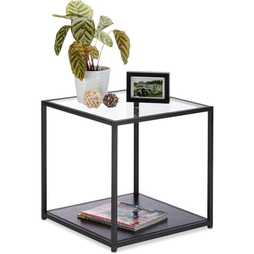 Table basse carrée noir, verre, bois, métal robuste - Vue principale
